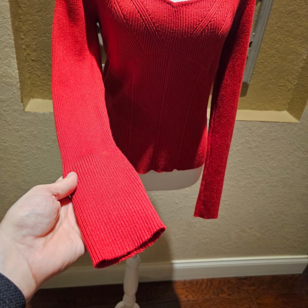 Pink Rose L Coquette Sweetheart Ribbed Top Red Fitted Soft Girl Stretch Sweater - Picture 9 of 11
